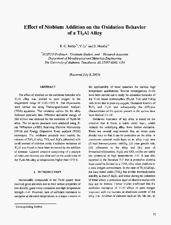 (PDF) Effect of Niobium Addition on the Oxidation Behavior of a Ti3Al Alloy