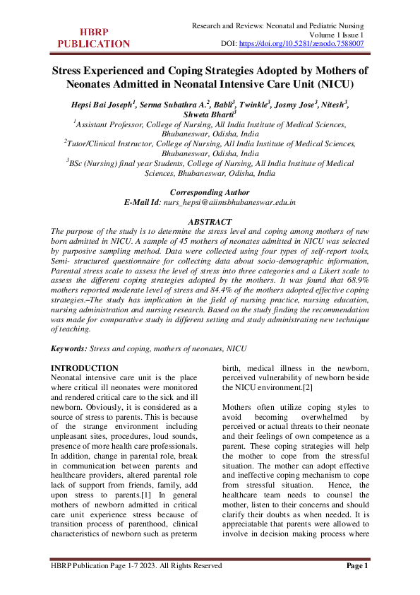 (PDF) Stress Experienced and Coping Strategies Adopted by Mothers of ...