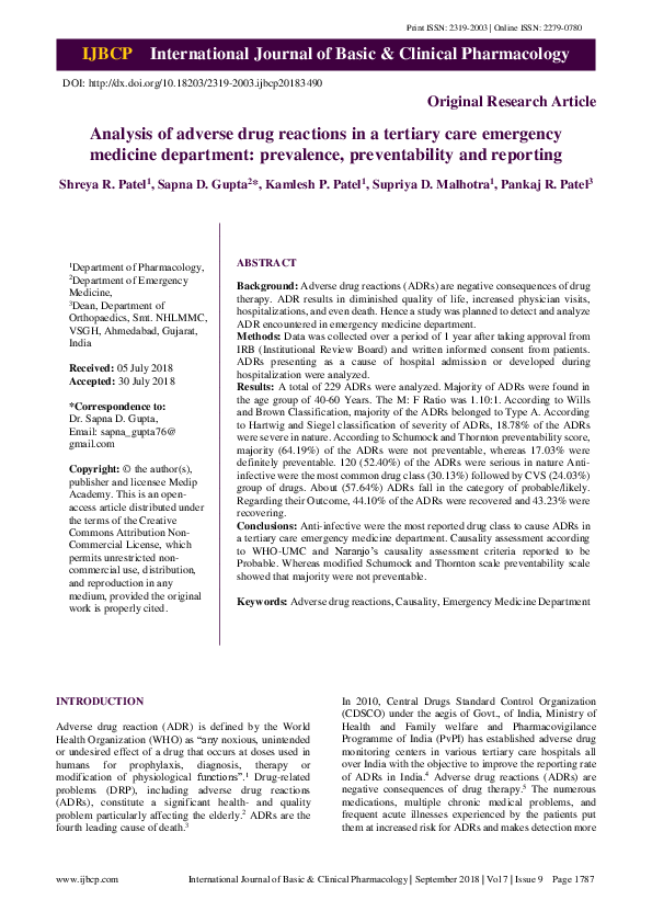 (PDF) Analysis of adverse drug reactions in a tertiary care emergency ...