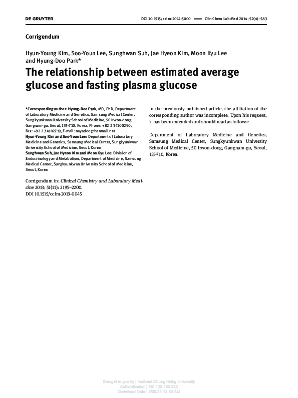 (PDF) The relationship between estimated average glucose and fasting ...