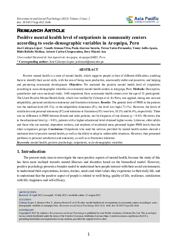 (PDF) Positive mental health level of outpatients in community centers ...
