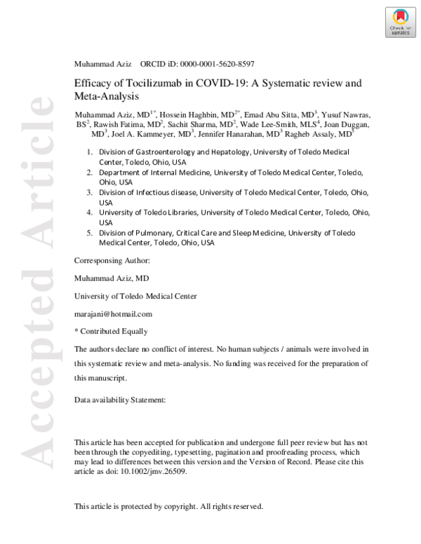 (PDF) Efficacy of tocilizumab in COVID‐19: A systematic review and meta ...