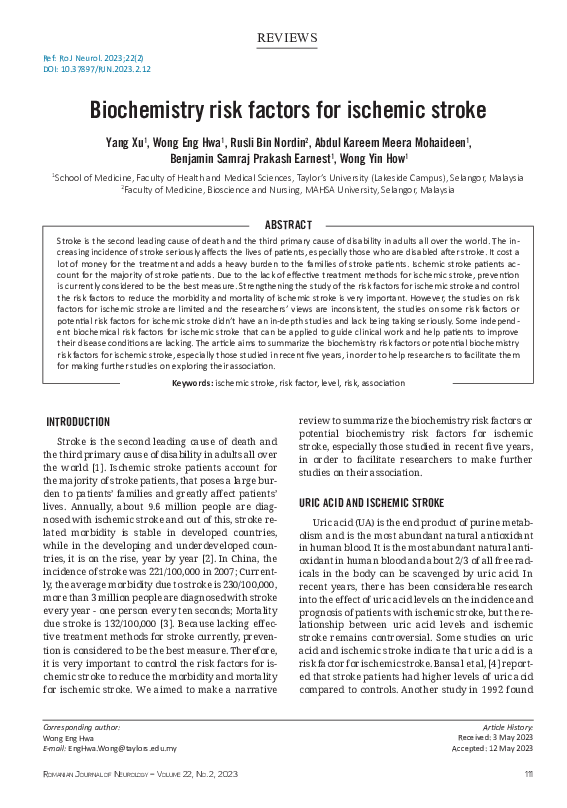 (PDF) Biochemistry risk factors for ischemic stroke