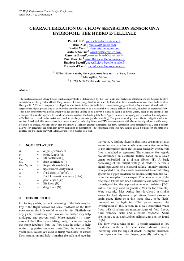 (PDF) Characterization of a Flow Separation Sensor on a Hydrofoil: The ...