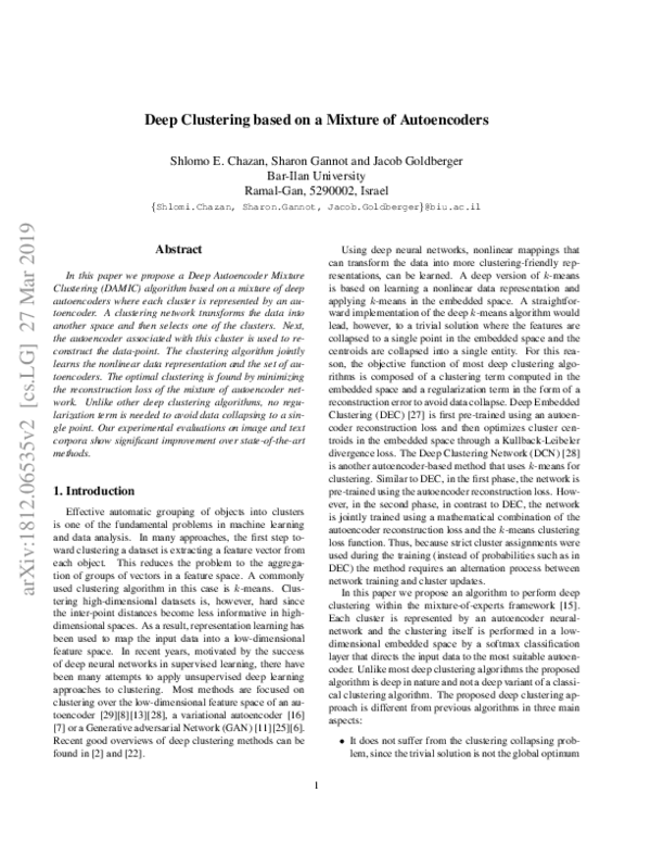 (PDF) Deep Clustering Based On A Mixture Of Autoencoders