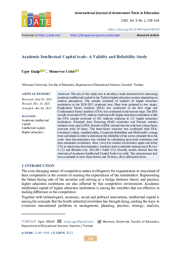 (PDF) Academic Intellectual Capital Scale: A Validity and Reliability Study