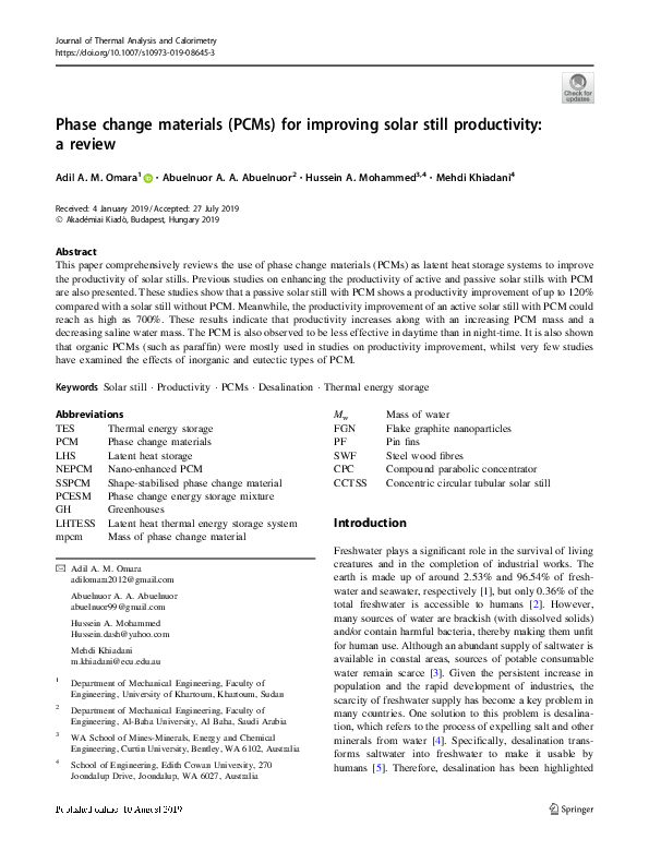 (PDF) Phase change materials (PCMs) for improving solar still ...
