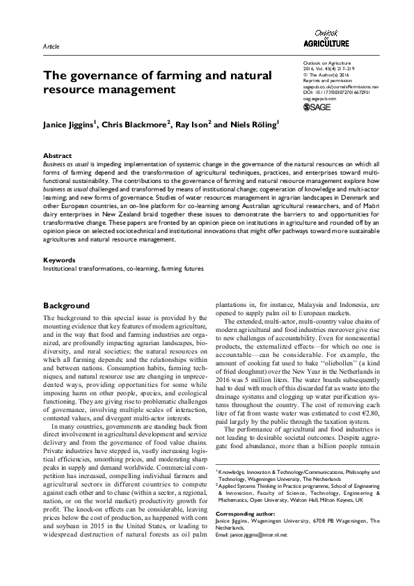 (PDF) The governance of farming and natural resource management