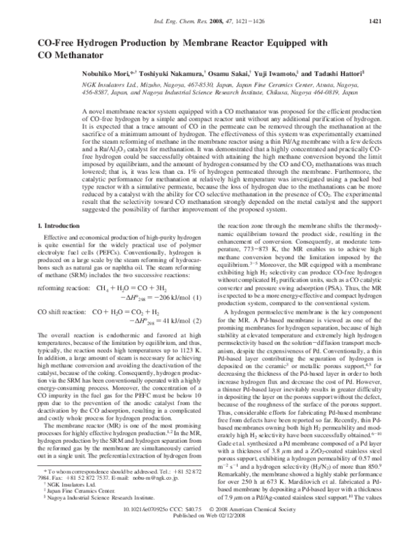 (PDF) CO-Free Hydrogen Production by Membrane Reactor Equipped with CO ...