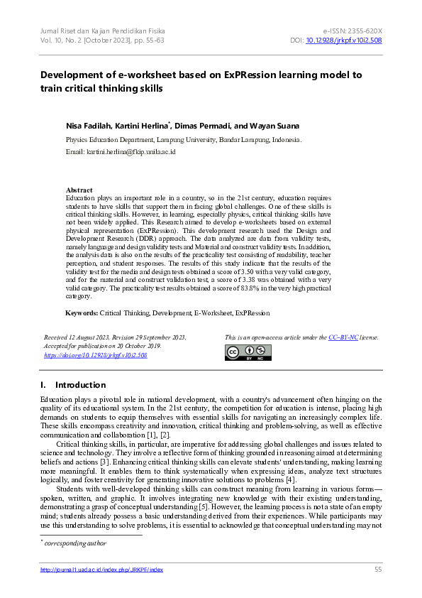 (PDF) Development of e-worksheet based on ExPRession learning model to ...