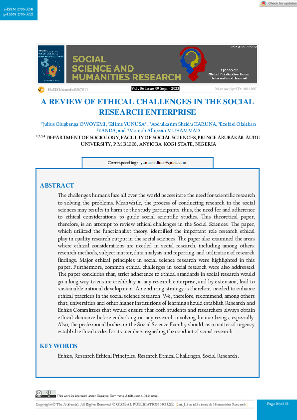 (PDF) A Review of Ethical Challenges in the Social Research Enterprise