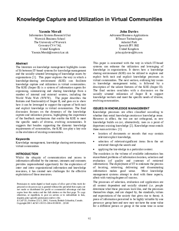 (PDF) Knowledge capture and utilization in virtual communities