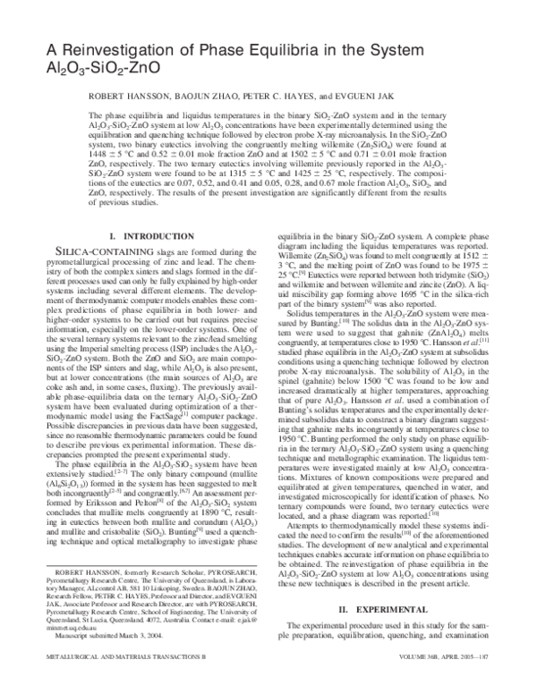 (PDF) A reinvestigation of phase equilibria in the system Al2O3-SiO2-ZnO