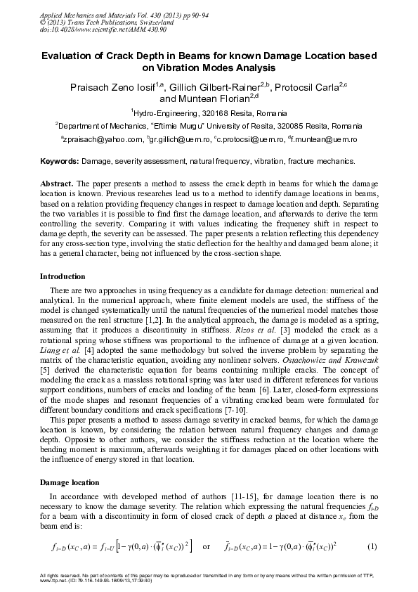 (PDF) Evaluation of Crack Depth in Beams for Known Damage Location ...