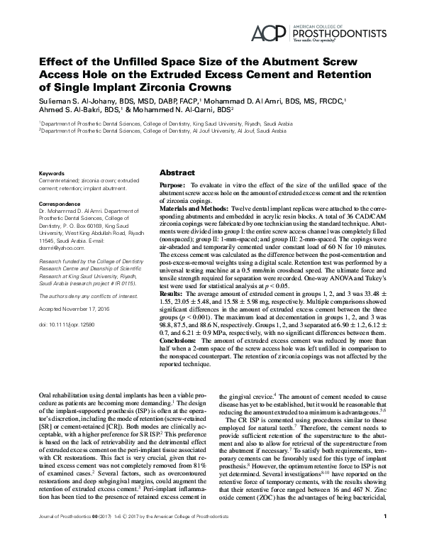 (PDF) Effect of the Unfilled Space Size of the Abutment Screw Access ...
