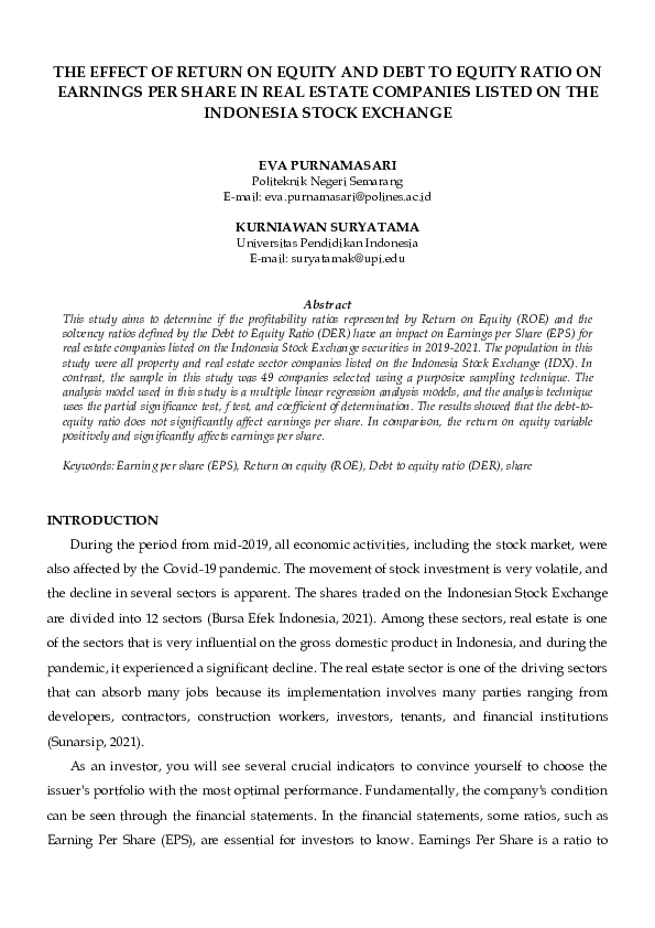 (PDF) The Effect of Return on Equity and Debt to Equity Ratio on ...