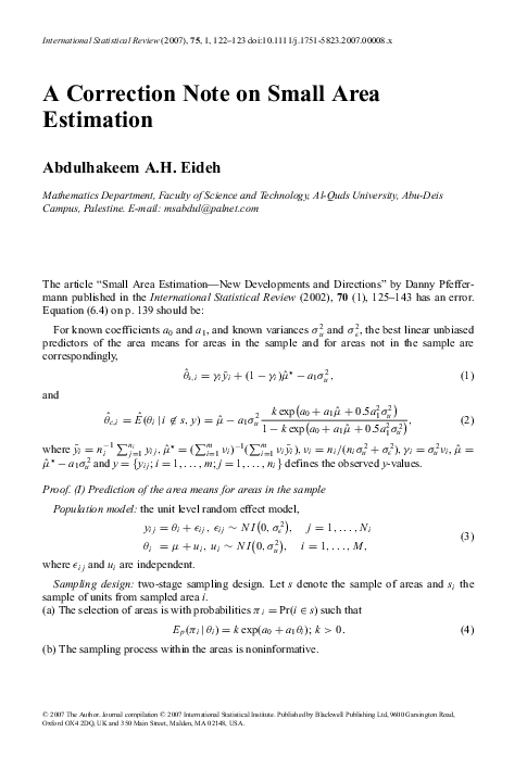 (PDF) A Correction Note on Small Area Estimation