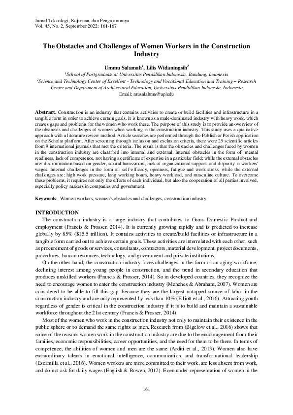 (PDF) The Obstacles and Challenges of Women Workers in the Construction ...