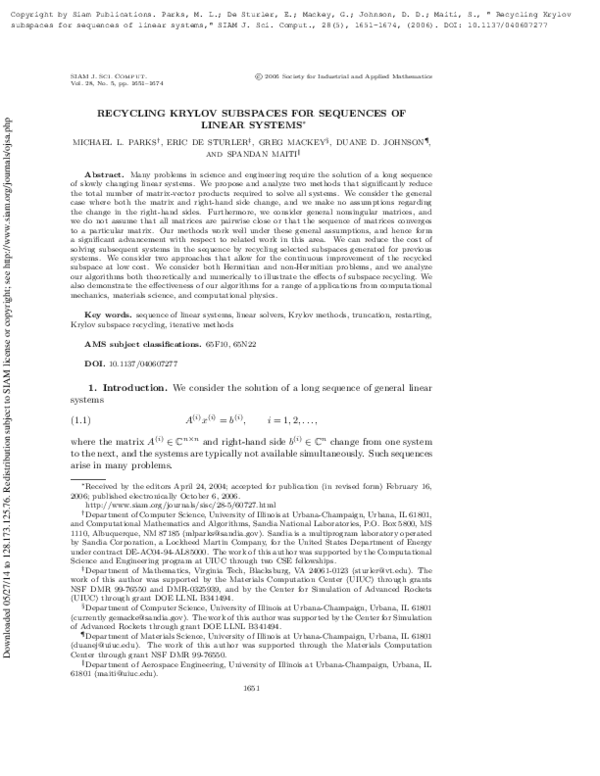 (PDF) Recycling Krylov Subspaces for Sequences of Linear Systems
