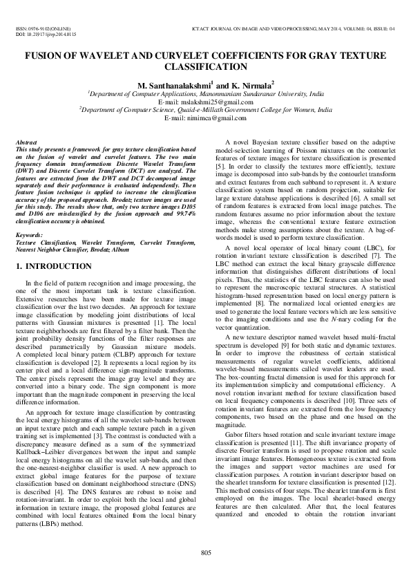 (PDF) Fusion of Wavelet and Curvelet Coefficients for Gray Texture ...