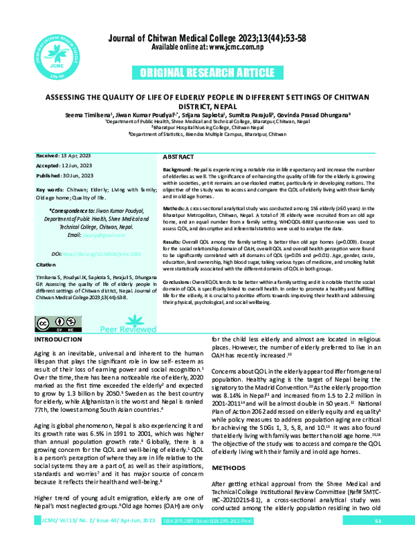 (PDF) Assessing the Quality of Life of Elderly People in Different ...