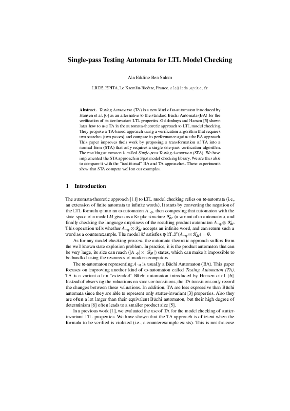 (PDF) Single-Pass Testing Automata for LTL Model Checking