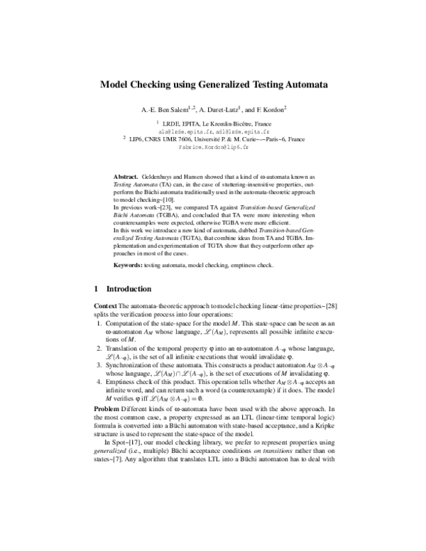 (PDF) Model Checking Using Generalized Testing Automata