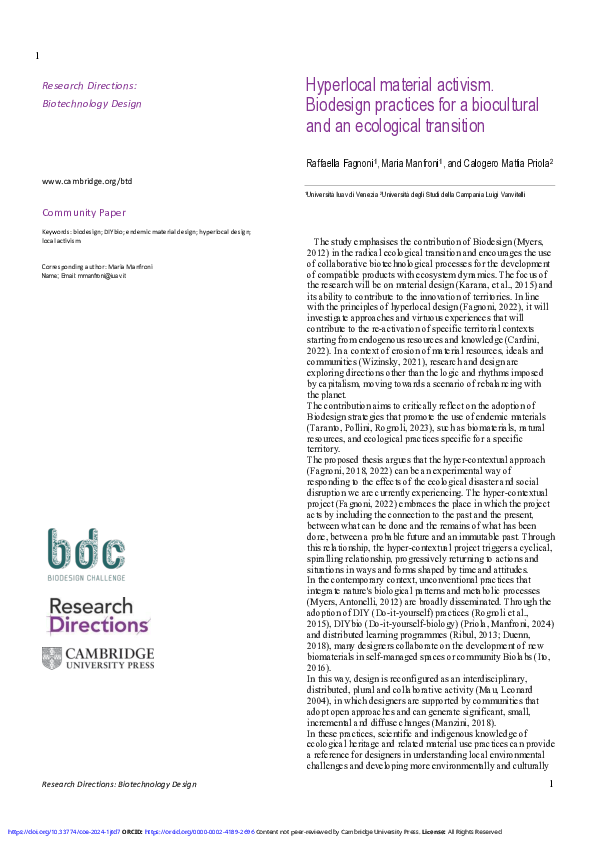(PDF) Hyperlocal material activism. Biodesign practices for a ...
