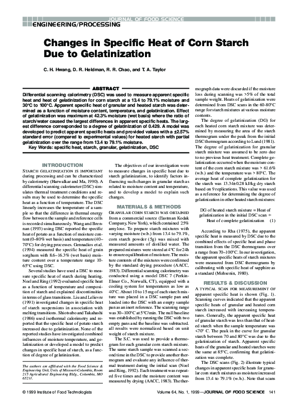 (PDF) Changes in Specific Heat of Corn Starch Due to Gelatinization