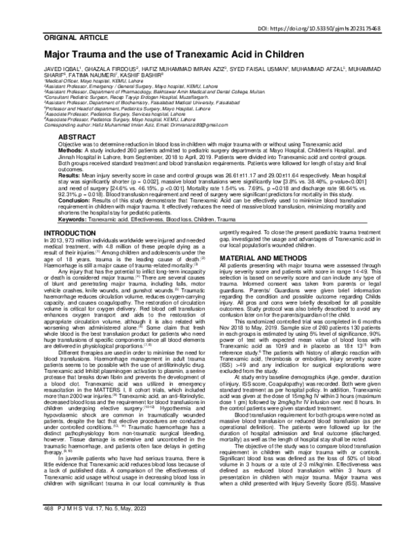 (PDF) Major Trauma and the use of Tranexamic Acid in Children