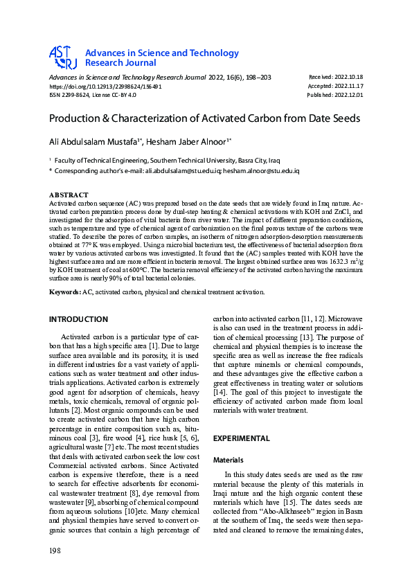 (PDF) Production and Characterization of Activated Carbon from Date Seeds