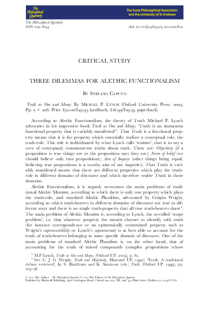 (PDF) Three Dilemmas For Alethic Functionalism