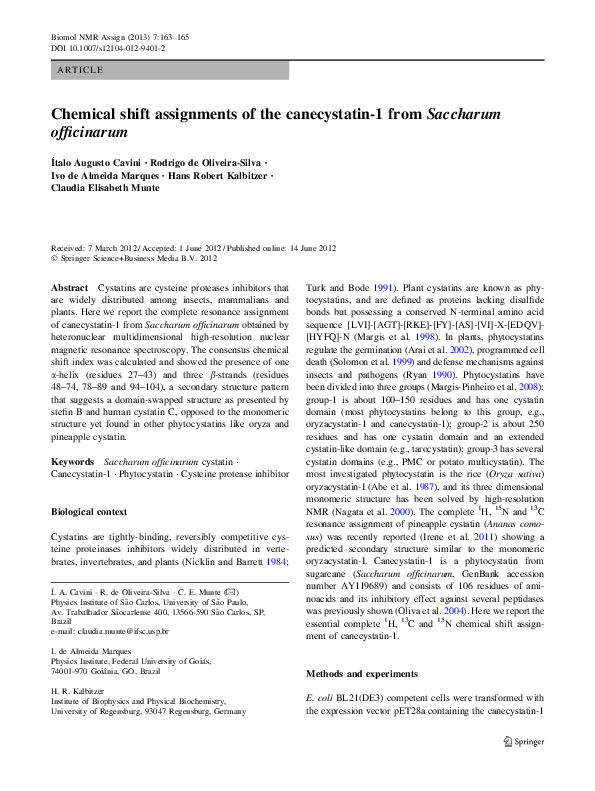 (PDF) Chemical shift assignments of the canecystatin-1 from Saccharum ...