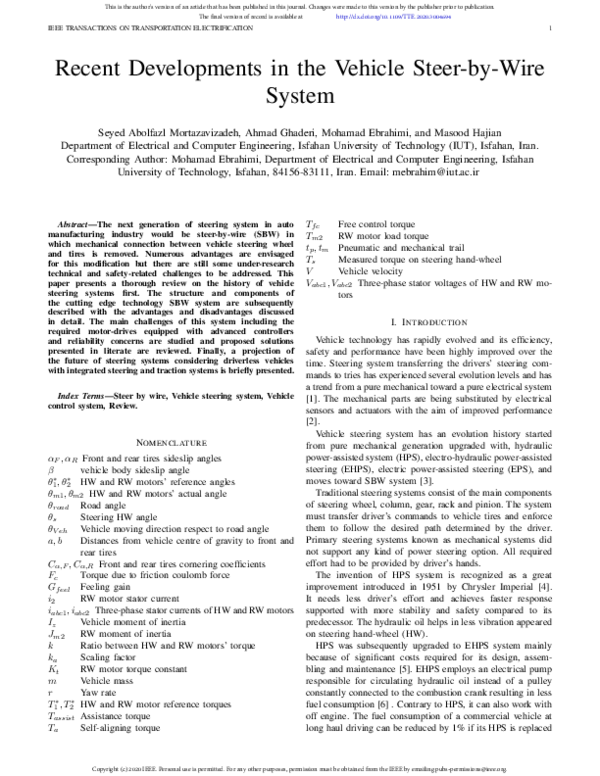 (PDF) Recent Developments in the Vehicle Steer-by-Wire System