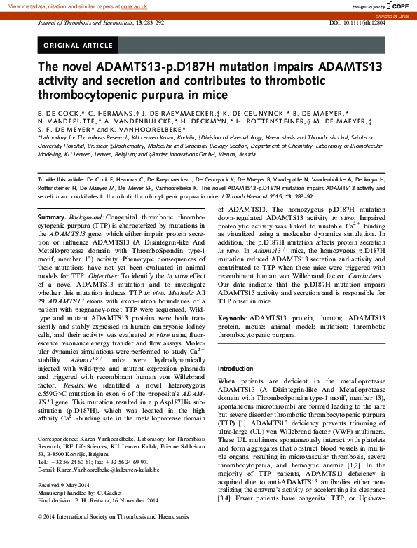 (PDF) The novel ADAMTS13-p.D187H mutation impairs ADAMTS13 activity and ...
