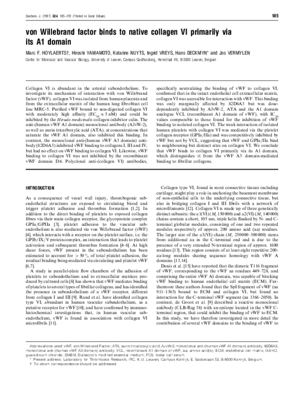 (PDF) von Willebrand factor binds to native collagen VI primarily via ...