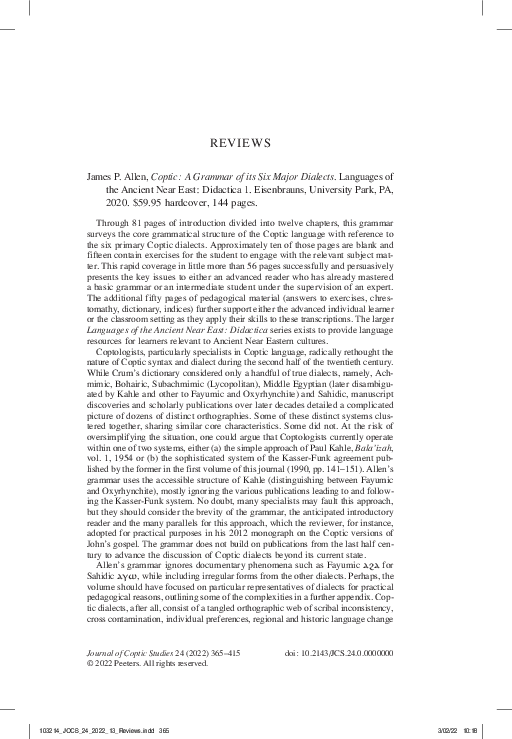 (PDF) REVIEW of: James P. Allen, Coptic: A Grammar of its Six Major ...