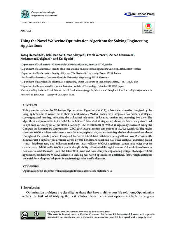 (PDF) Using the Novel Wolverine Optimization Algorithm for Solving ...