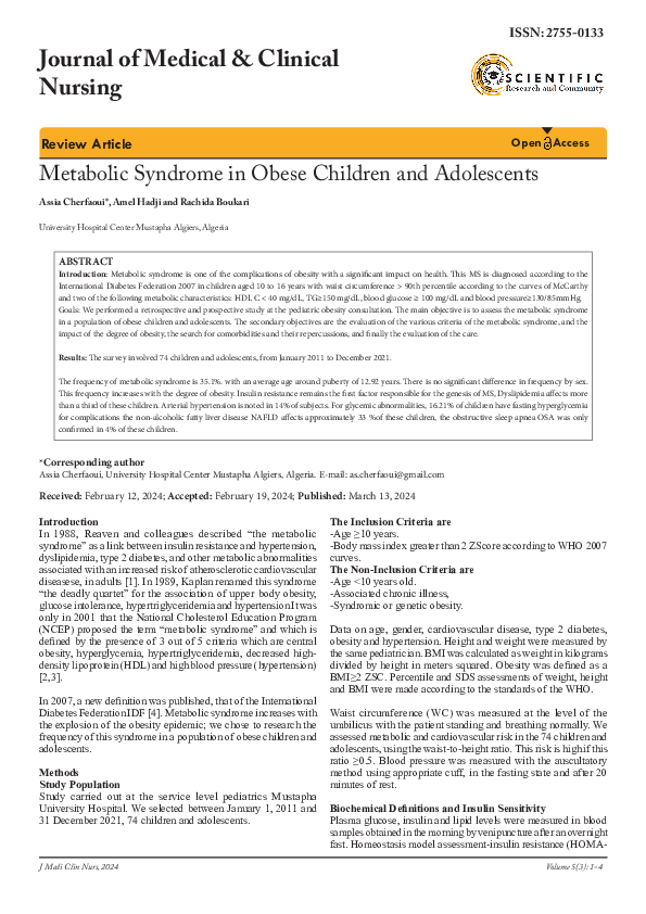 (PDF) Metabolic syndrome in obese children and adolescents: Between ...