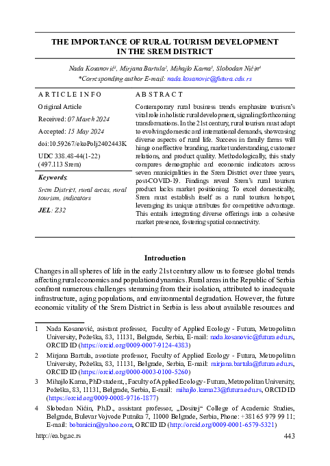 (PDF) The Importance of Rural Tourism Development in the Srem District