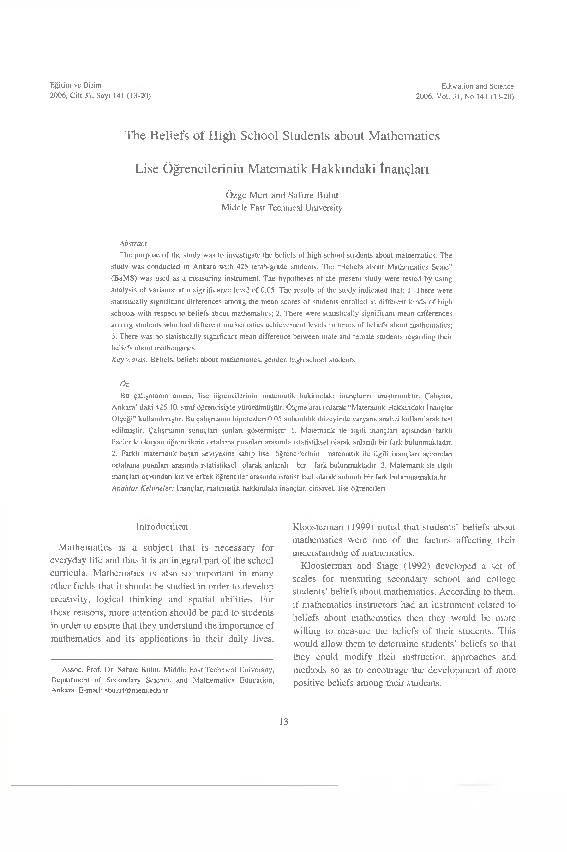 (PDF) The Beliefs of High School Students about Mathematics