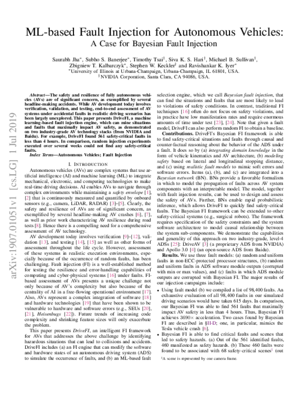 (PDF) ML-based Fault Injection for Autonomous Vehicles: A Case for ...