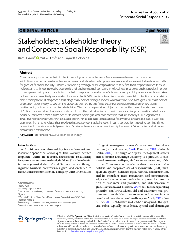(PDF) Stakeholders, stakeholder theory and Corporate Social ...
