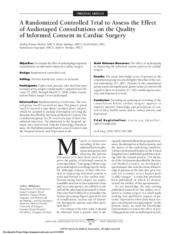 (PDF) A Randomized Controlled Trial to Assess the Effect of Audiotaped ...