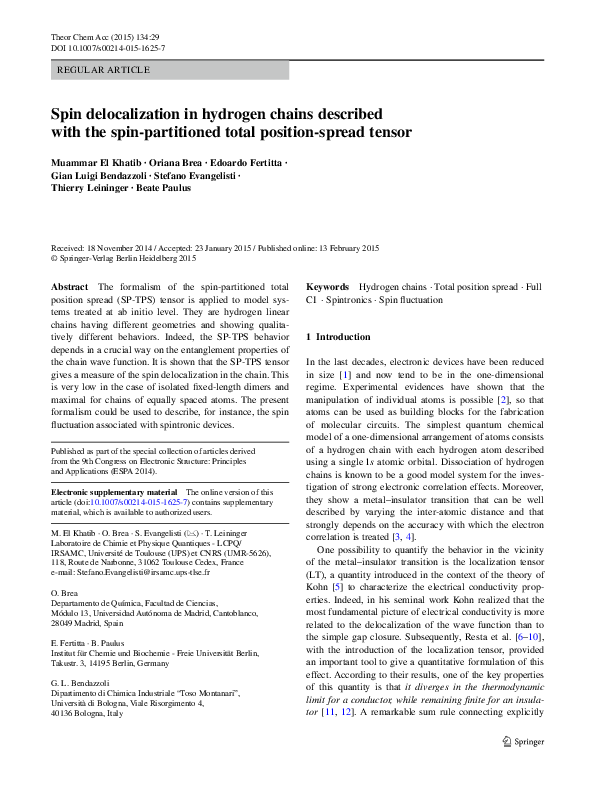 (PDF) Spin delocalization in hydrogen chains described with the spin ...