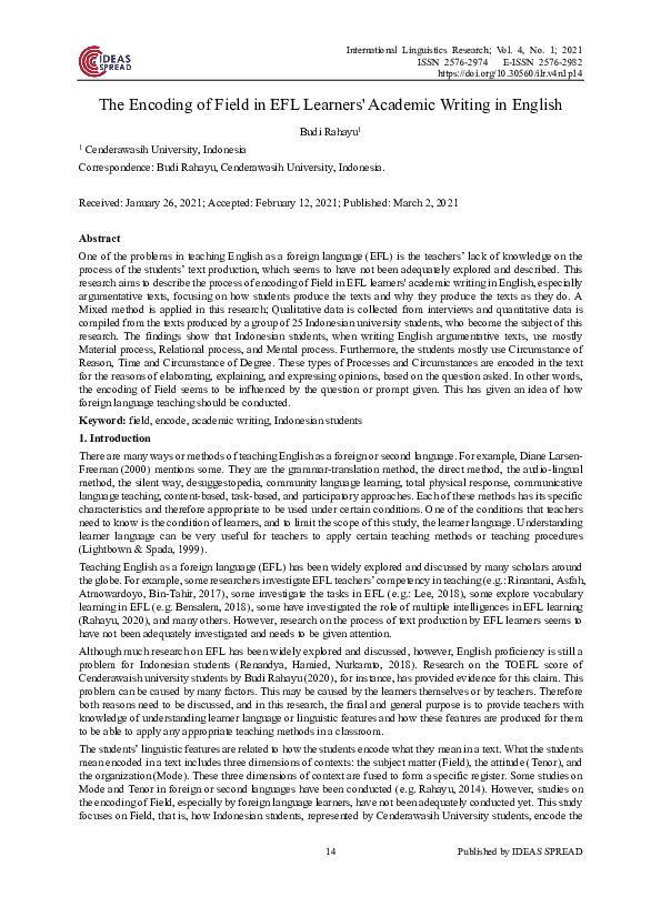 (PDF) The Encoding of Field in EFL Learners' Academic Writing in English