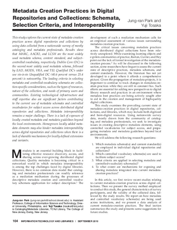 (PDF) Metadata Creation Practices in Digital Repositories and ...