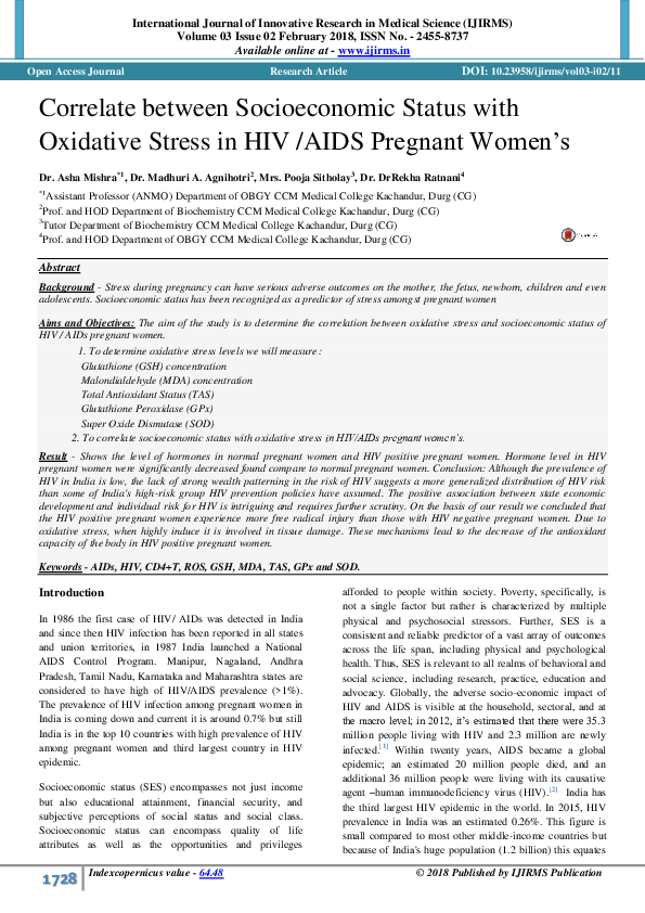 PDF) Correlate between Socioeconomic Status with Oxidative Stress in HIV  /AIDS Pregnant Women's