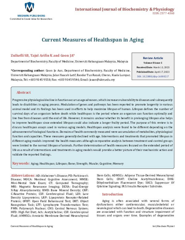 (PDF) Current Measures of Healthspan in Aging