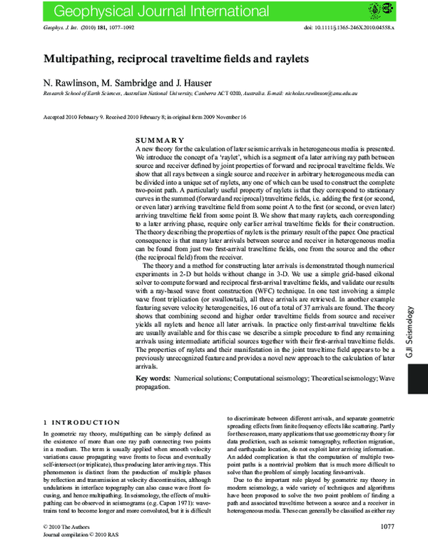 (PDF) Multipathing, reciprocal traveltime fields and raylets